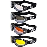 Global Vision 4 Pair Eliminator Padded Motorcycle Riding Goggles ANSI Z87.1 Anti-Fog Black Frames with Clear Flash Mirror Yellow & Driving Mirror Lenses