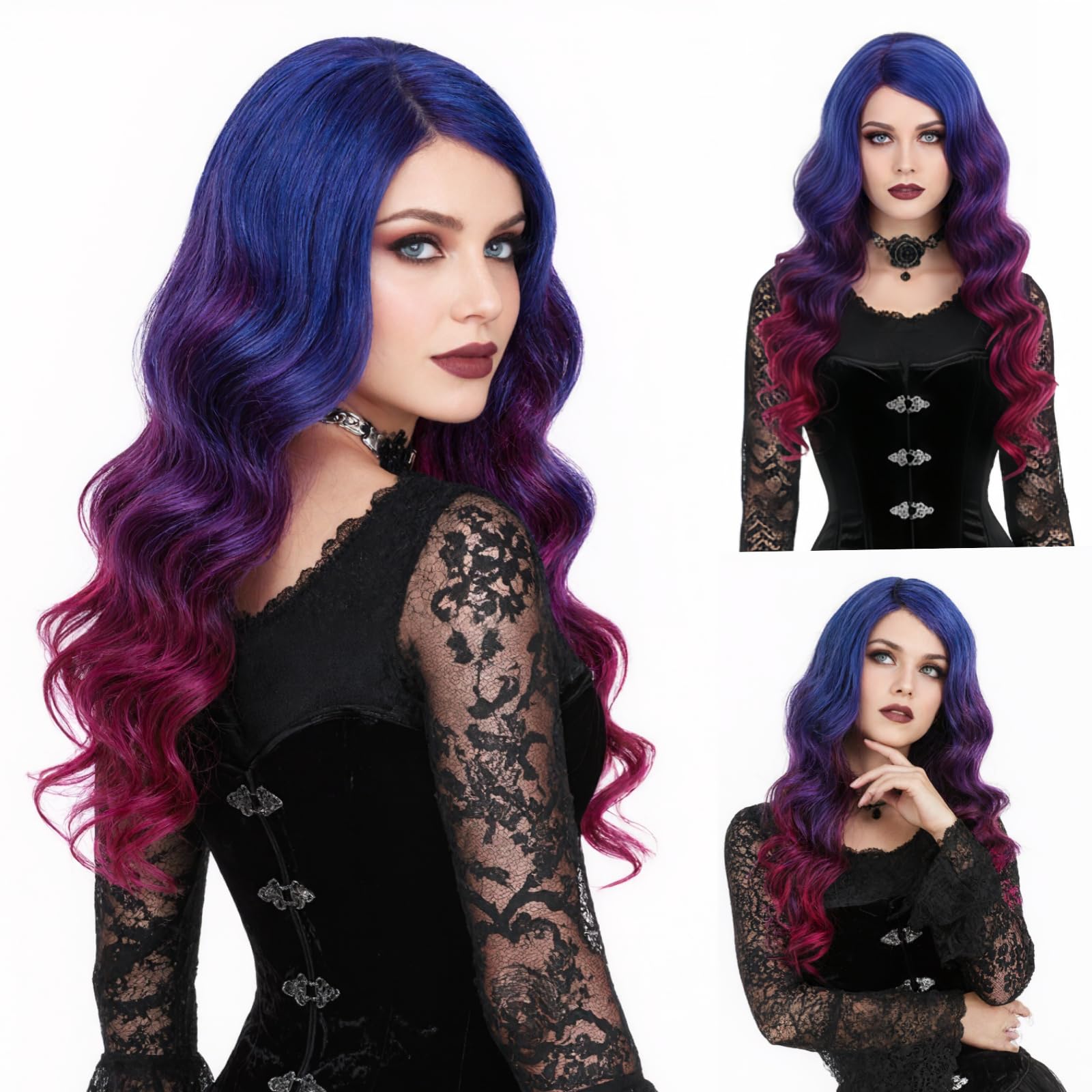 REEWES Long Ombre Red Curly Wigs for Women Heat Resistant Hair Natural Wigs for Daily Cosplay Costume Party Carnival