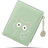 CONISY Small Wallet for Women, Vegan Leather Bifold RFID Blocking Cute Wallet with Coin Purse, Gift Ideas for Teen Girls Ladies (Cat Green)