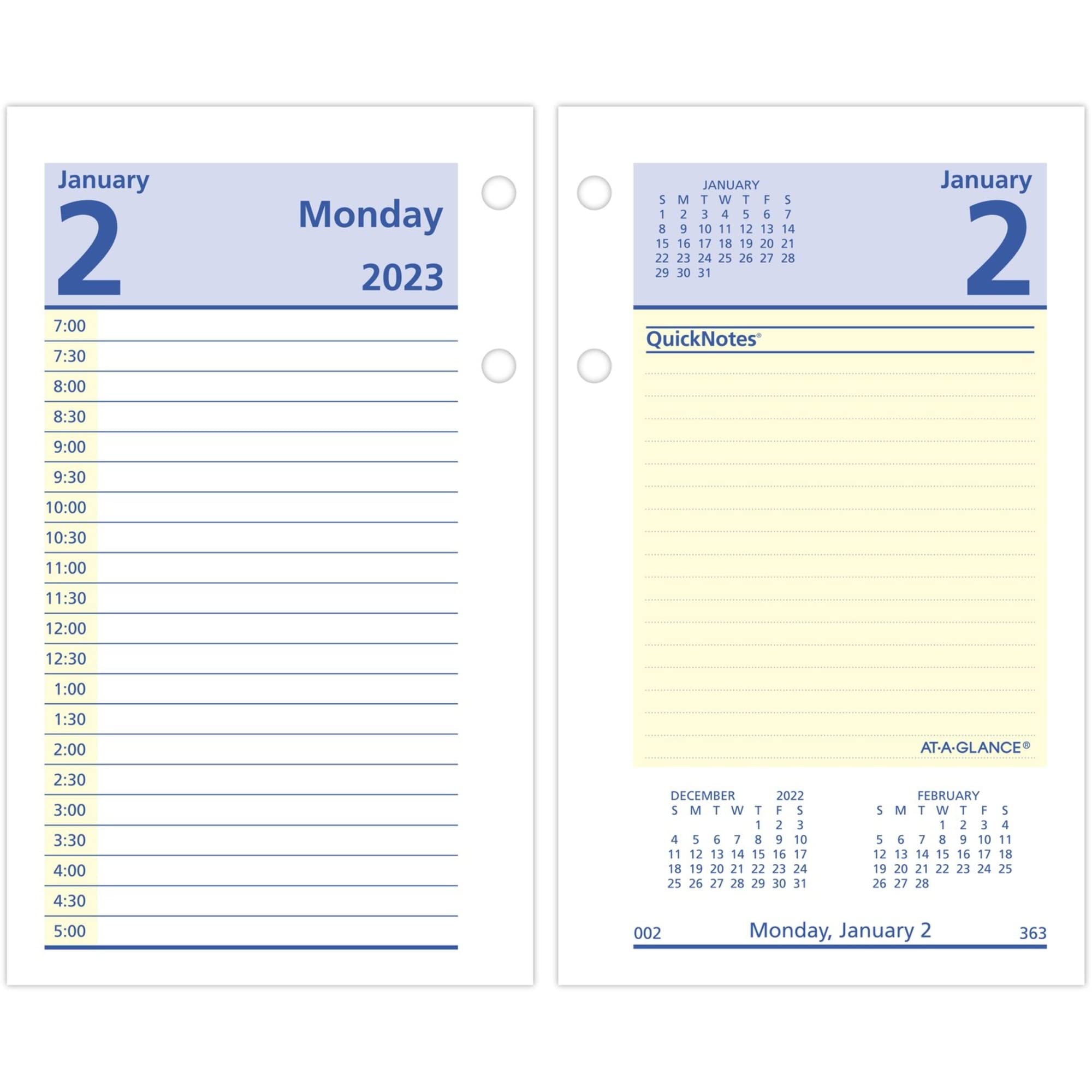 At-A-Glance 2023 Daily Desk Calendar Refill, 3-1/2" x 6", Loose Leaf, QuickNotes (E51750), Blue, E5175023