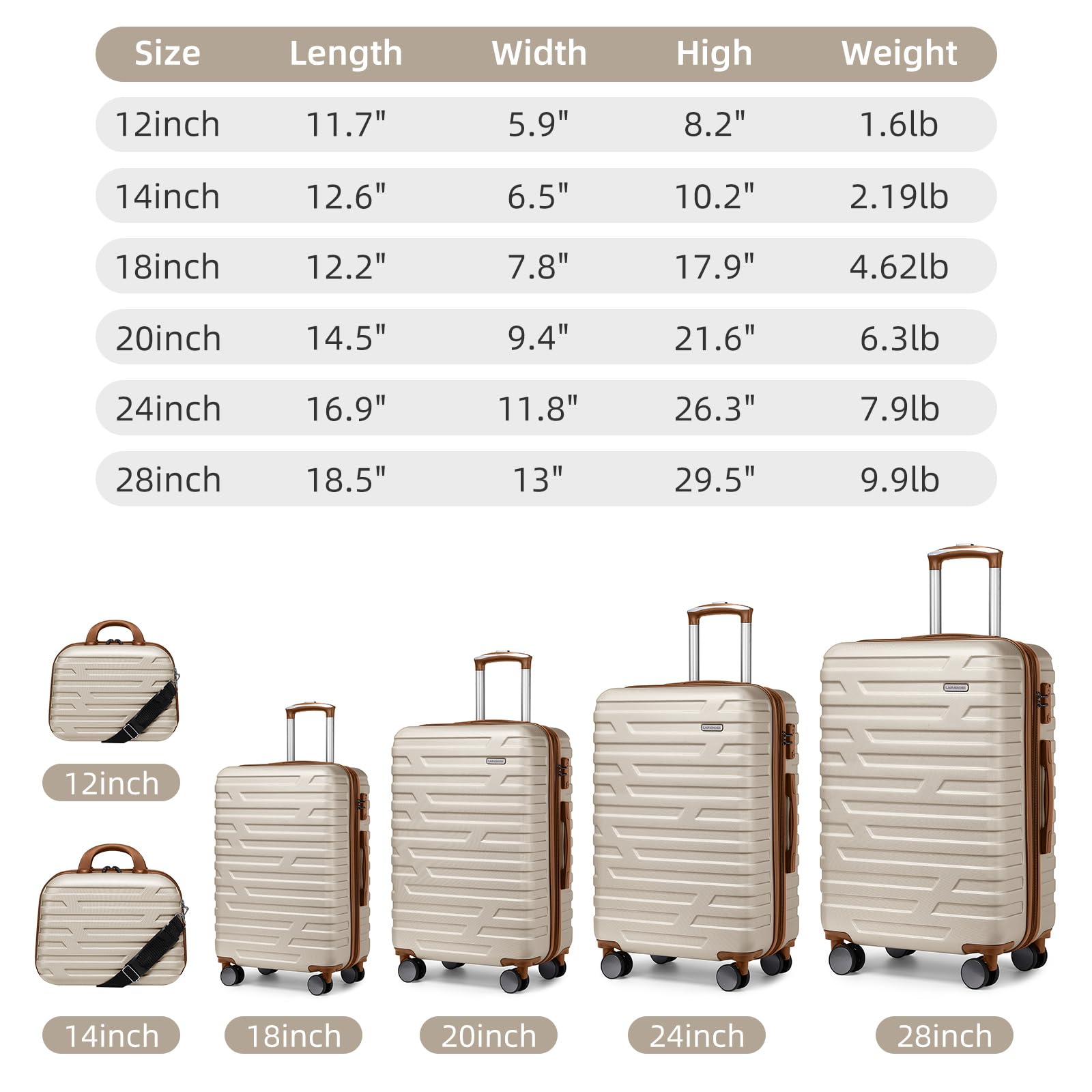LARVENDER Luggage Sets for Women 6 Piece Hardside Expandable Suitcases with Wheels TSA Lock, Lightweight Travel Carry On Suitcase Set with Two Cosmetic Cases, White Brown