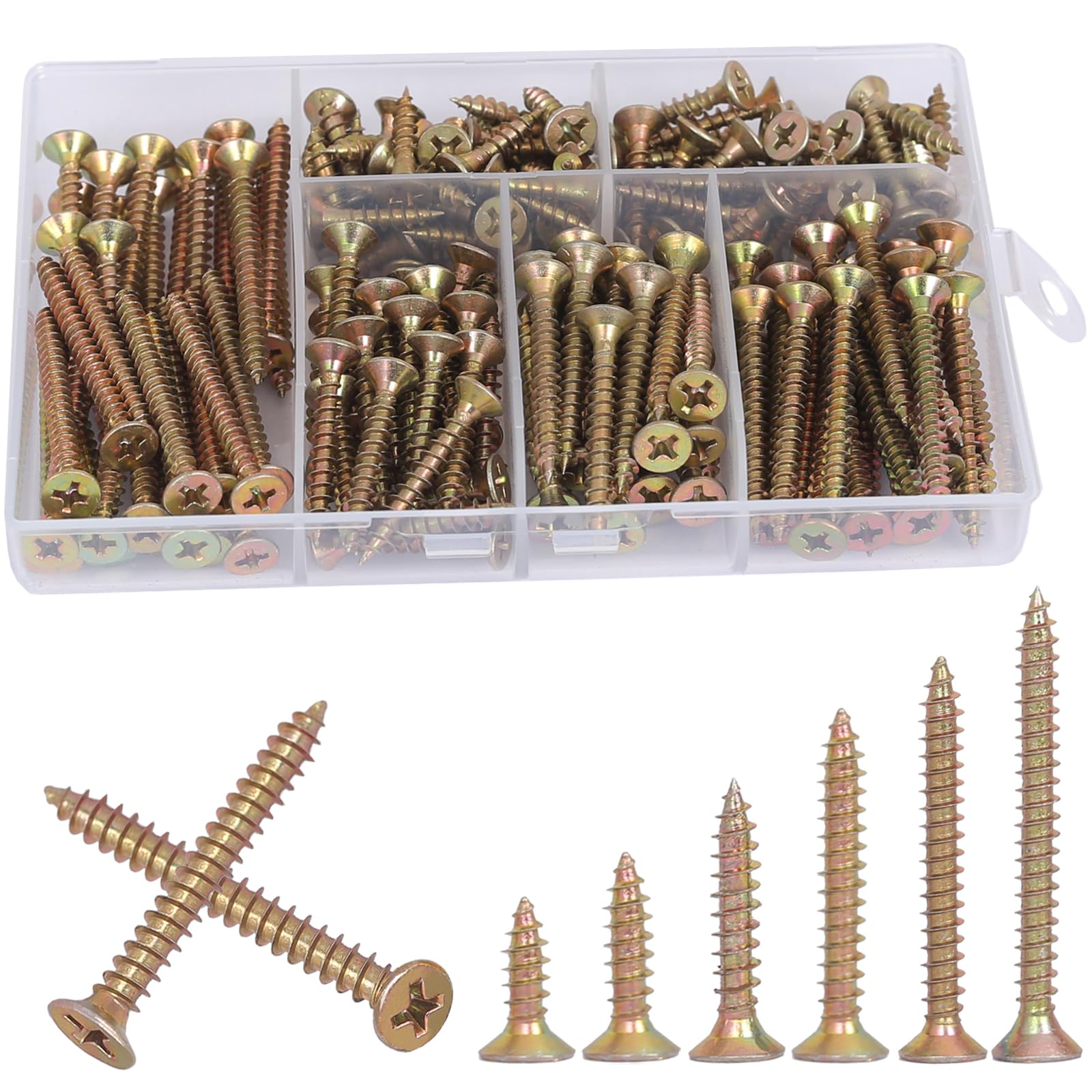 AMLOOPH M3.5 Wood Screws Assortment, 190pcs Self Tapping Screws For Wood Decking 16/20/25/30/35/40mm Small Assorted Zinc Plated Drywall Concrete Screw Set Mixed, With Plastic Box