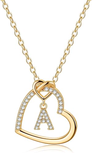CZ Heart Pendant Initial Necklaces, 14K 