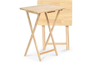 PJ Wood Rectangle Folding Portable TV Snack Serving Tray Table, Solid Wood Construction with Natural Finish, Natural, 2 Piece Set