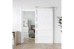 COSHOMER 42in x 96in White Sliding Barn Door with 7ft Brushed Nickel Barn Door Hardware Kit & Handle, 5-Panel, Pre-Drilled Holes Easy Assembly, Water-Proof PVC Surface