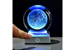 QIANCHANG 3D Laser Etched Moon Crystal Ball with LED Stand, Space Planet Decor Moon Figurine Lamp Night Light, Glass Sphere Paperweight Gift for Women Kids(3.15 in,Touch Control)