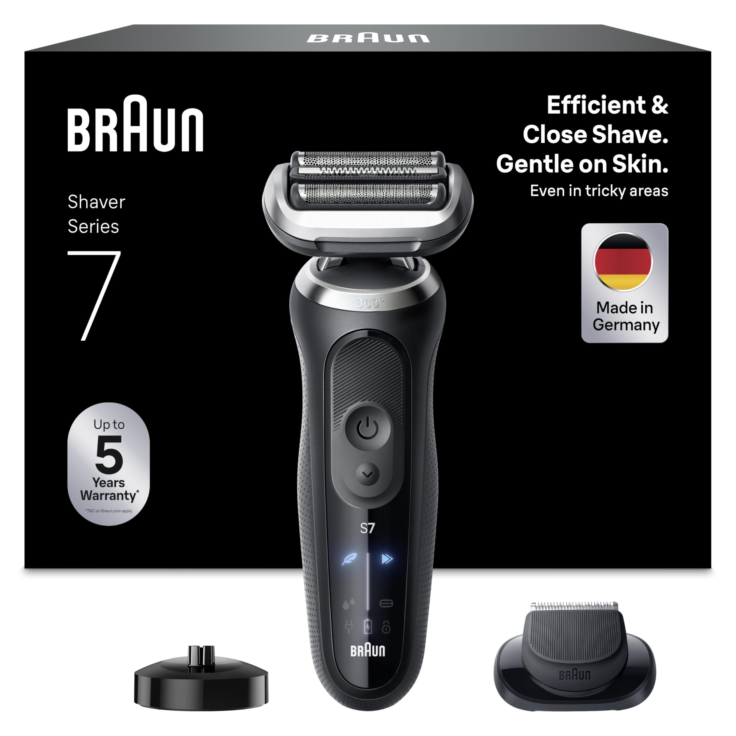 Braun Series 7 Elektrorasierer, Rasierer Herren Elektrisch mit 60 Min. Akkulaufzeit, Ladeständer, +1 Aufsatz, Kabelloser Rasierapparat, Nass- und Trockenrasierer für Männer, 72-N4200s, Schwarz