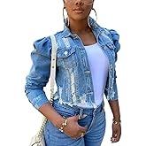 Omoone Women's Ripped Puff Sleeve Denim Crop Top Long-Sleeve Cropped Jean Jacket