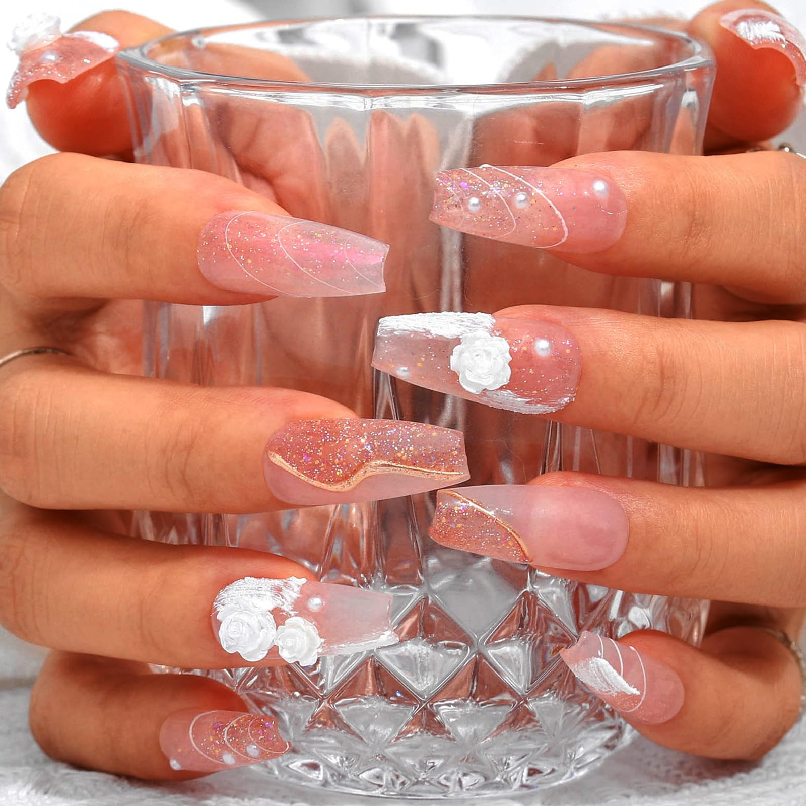 Sethexy Long Coffin Pink False Nails Handmade 3D Camellia Flower Press On Nails Pearl Hand-painted Matte Fake Nails Glitter Glossy Acrylic Salon Quality Nail Art Removable for Women and Girls(Y)