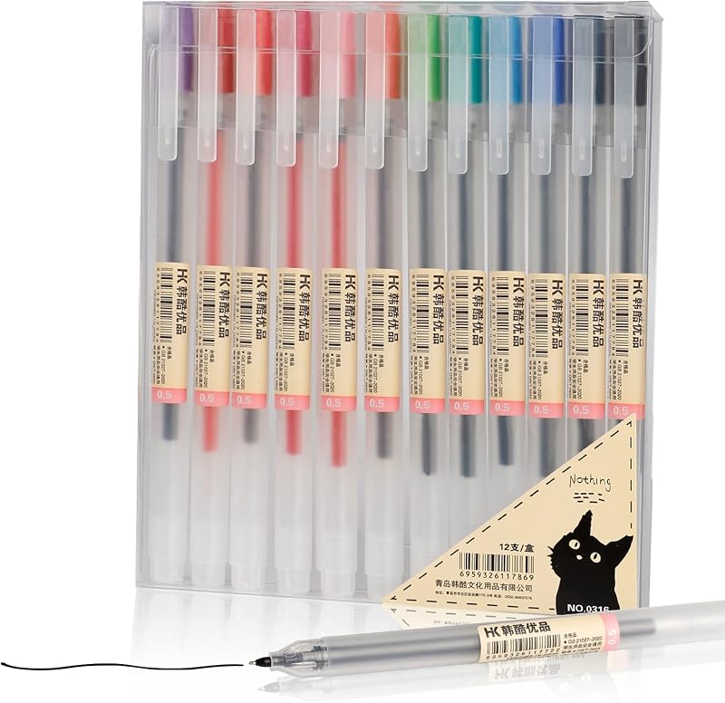 ABEIER Premium 12 Gel Ink Pens 0.5mm Fine Point Assorted Colors Pack