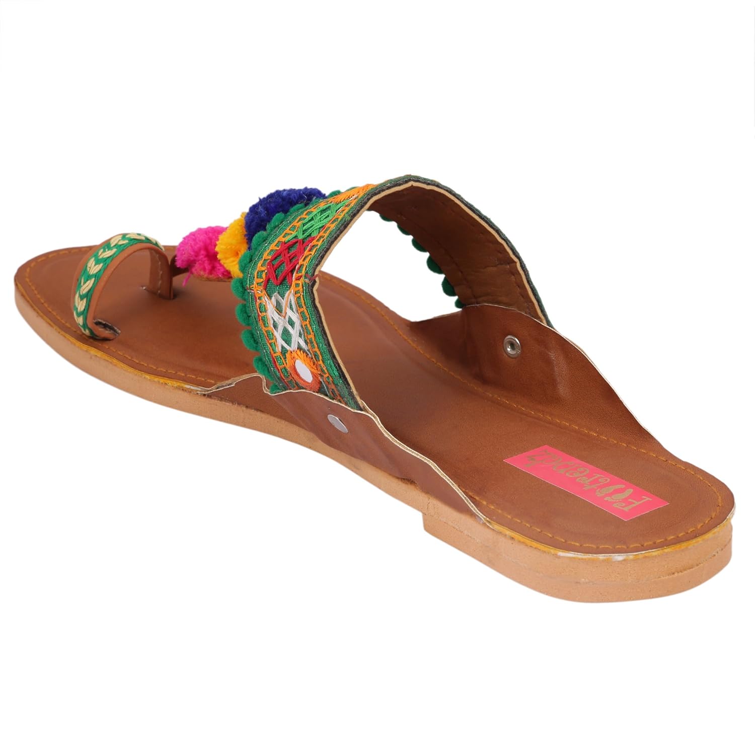 footrendz women's pompom and faux leather kolhapuri flats
