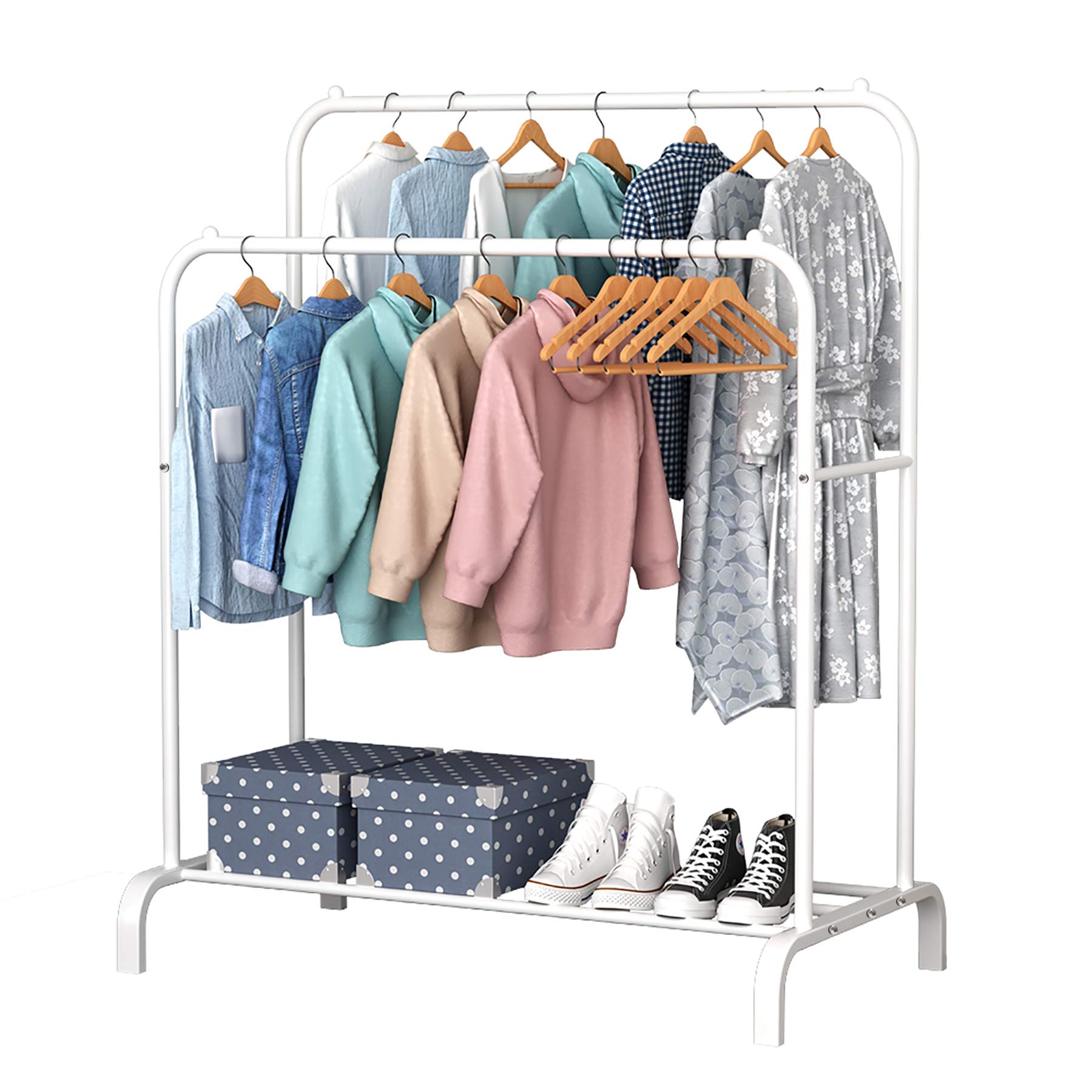 YAYI Drying Rack Metal Garment Rack Freestanding Hanger Double Pole Bedroom Clothing Rack With Lower Storage Shelf for Boxes Shoes,White…