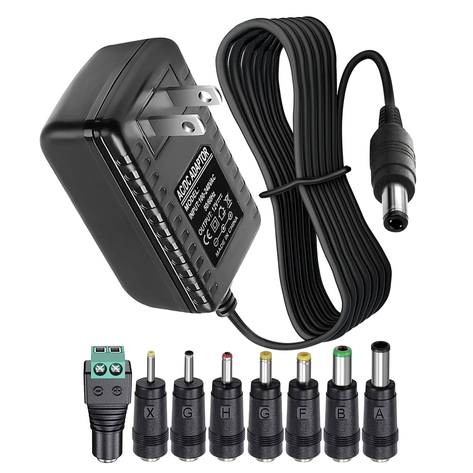 Photo 1 of 12V 2A 1A Power Supply AC Adapter with 8 Tips, Regulated 12 Volts 2000mA Replacement Charger Cord Cable for LED Strip Light, CCTV Camera, BT Speaker, GPS, Webcam, Router, DC 12V Converter (6ft)