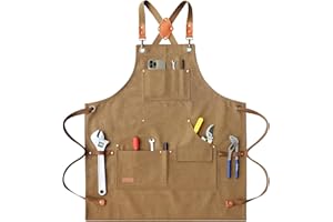 AFUN Work Aprons for Men with Large Pockets, Cotton Canvas Cross Back Heavy Duty Adjustable Tool Apron, Size M to XXL (Brown)