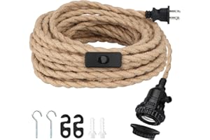 Zevnico 16.5FT Pendant Light Kit, Hanging Lights with Plug in Cord & Switch, Hemp Rope Swag E26 Socket Pendant Lamp, Extension Lantern Cable Vintage Farmhouse Industrial Retro DIY Decoration Fixtures