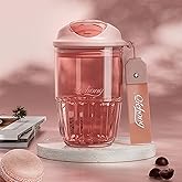 DEARART 14oz Coffee Cup Water Bottle Cute Design, One Hand Leak Proof TRITAN Material, Narrow Spout Clear Bottle with Buckle, Suit Office School Yoga Travel, Pink