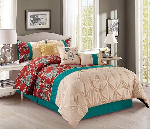 Amazon Com Pinch Pleat 7 Piece Bedding Teal Blue Brick Red