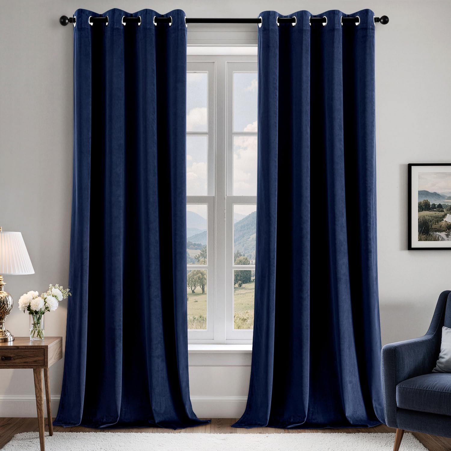 Photo 1 of (1 PANEL) EMEMA Velvet 90 Inch Blackout Curtains Super Soft Thermal Insulated Curtains for Bedroom, Grommet Noise Reducing Luxury Window Drapes for Living Room W52 x L90, 1 Panels, Navy