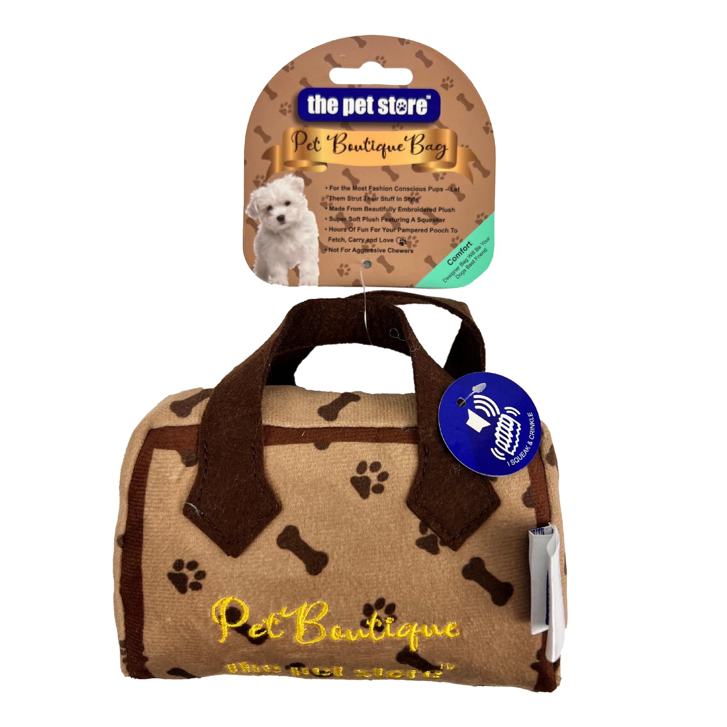 The Pet Store Pet Boutique Super Soft Plush Toy Designer Bag, Dog Comfort Toy with Squeak & Crinkle Noise. Ideal for Small Dogs. and Puppies