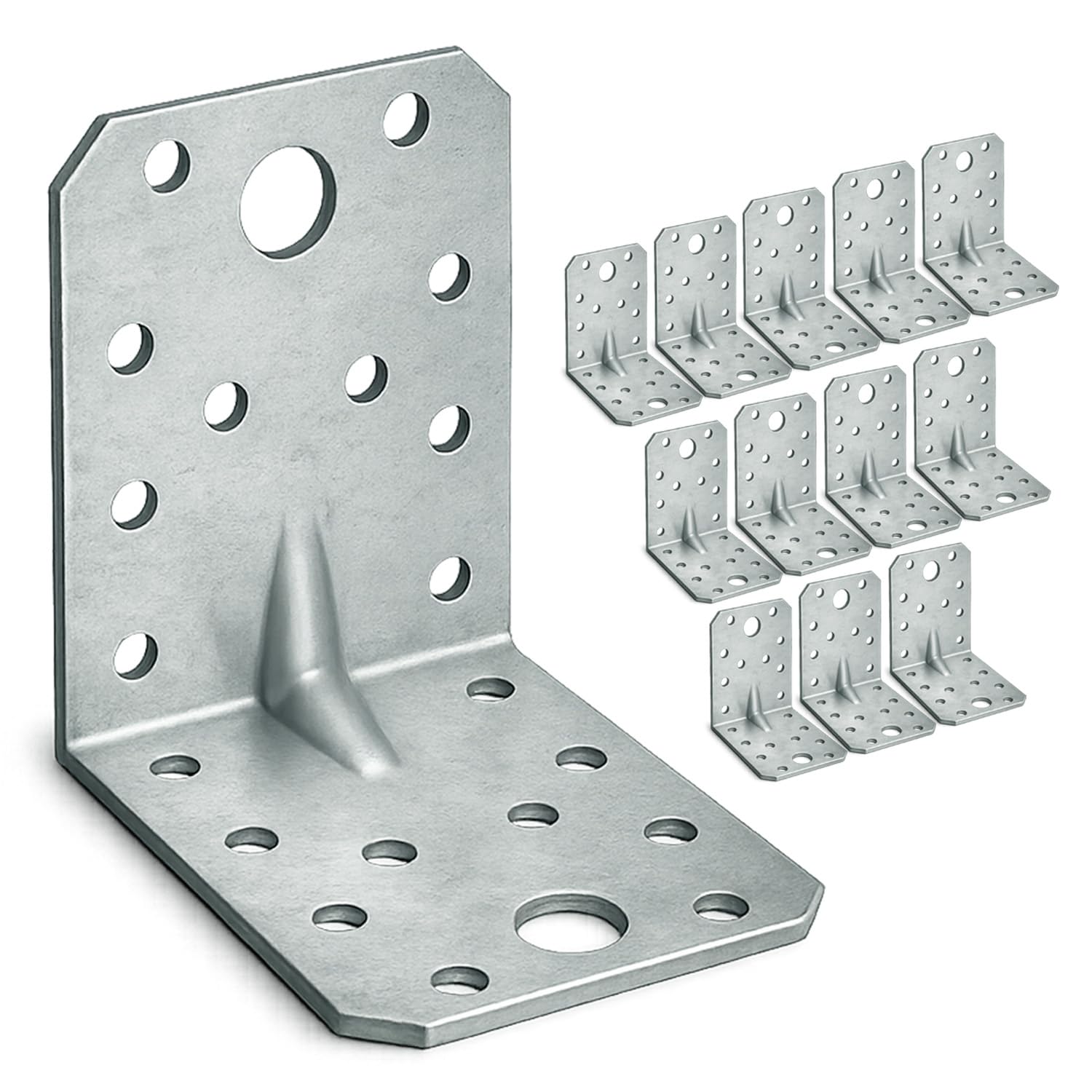 OMIDEAS 12 x Angle Brackets (70 x 70 x 55 x 2.5) Heavy Duty Corner Sleeper Bracket with Beading Timber Wood Metal Joining Fixing L Galvanised Steel Sheet Connector