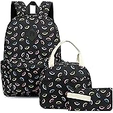 Lrenagao School Backpack for Girls, 3PCS Bookbags Set with Lunch Box Pencil Pouch Elementary Middle School Bag Laptop Back Packs (Smile Black)