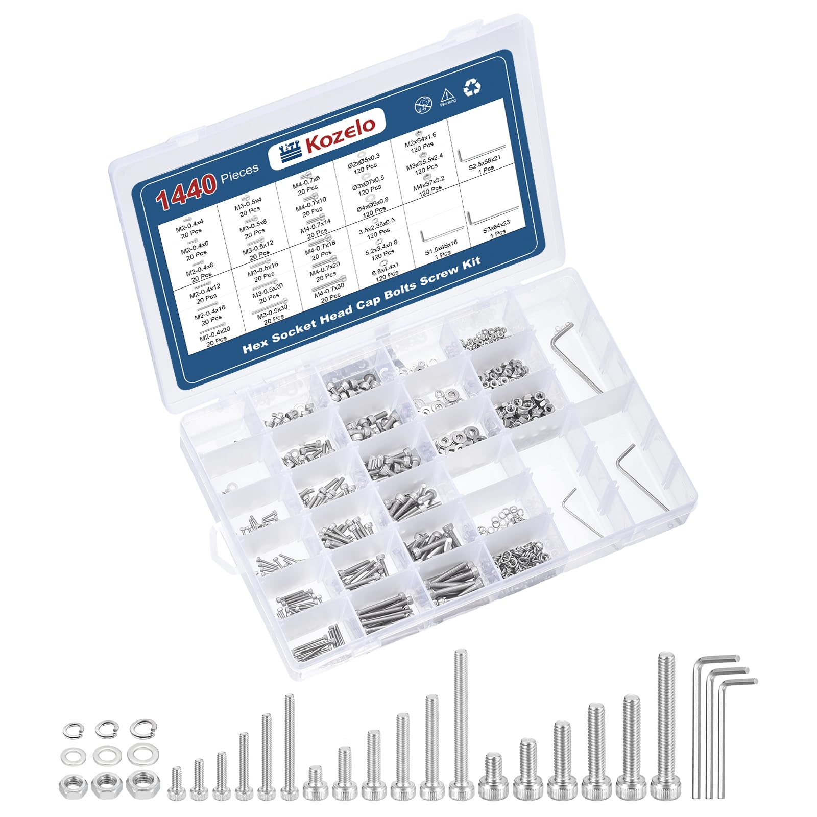 Kozelo 1440pcs Socket Head Cap Screws Bolts Nuts Assortment Kit - [M2/M3/M4] 304 Stainless Steel Allen Socket Drive for 3D Printer, with Wrench
