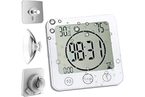 HOMEMELINDA Waterproof Bathroom Wall Clock and Timer, Digital Water Resistant Hanging Timer for Shower, Large Display Kitchen Cooking Countdown Timers, Mirror Suction Clock with Temperature Humidity Meter (White)