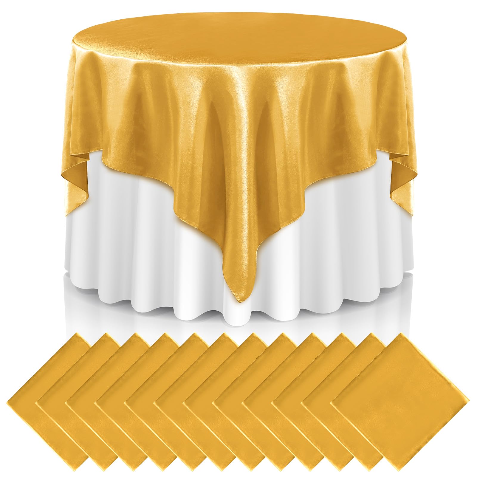 Photo 1 of Newwiee 12 Pcs 72 Inch Satin Tablecloth Square Overlay Smooth Fabric Tablecloth Satin Table Cover Fabric Decoration Dining Cloths for Party Wedding Banquet Table Decoration(Gold)