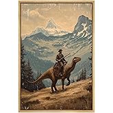Eeuqiauot Dinosaur Wall Art Vintage Landscape Poster Western Vintage Style Wall Art Cowboy Riding Dinosaur Gothic Art Print Cowboy Vintage Wall Art Mountain Forest Poster Painting 16x24inch Unframed