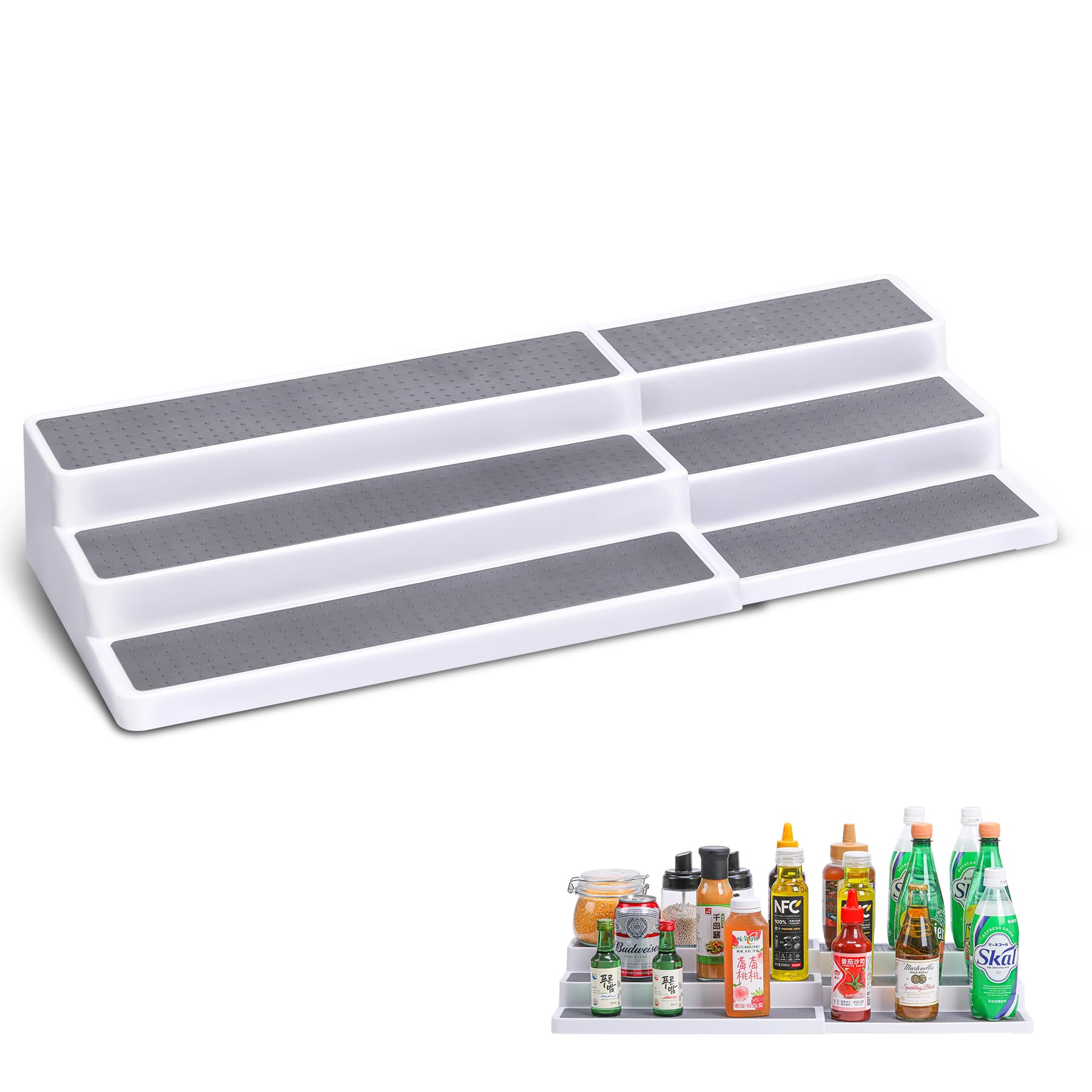 Photo 1 of CiWiVOKi 3 Tier Expandable Spice Rack Organizer, Plastic Spice Rack, Adjustable Length 14.6In-25.8In, Non-Skid Tiered Spice Shelf Organizer for Kitchen Cabinet, Cupboard, Pantry, White/Grey