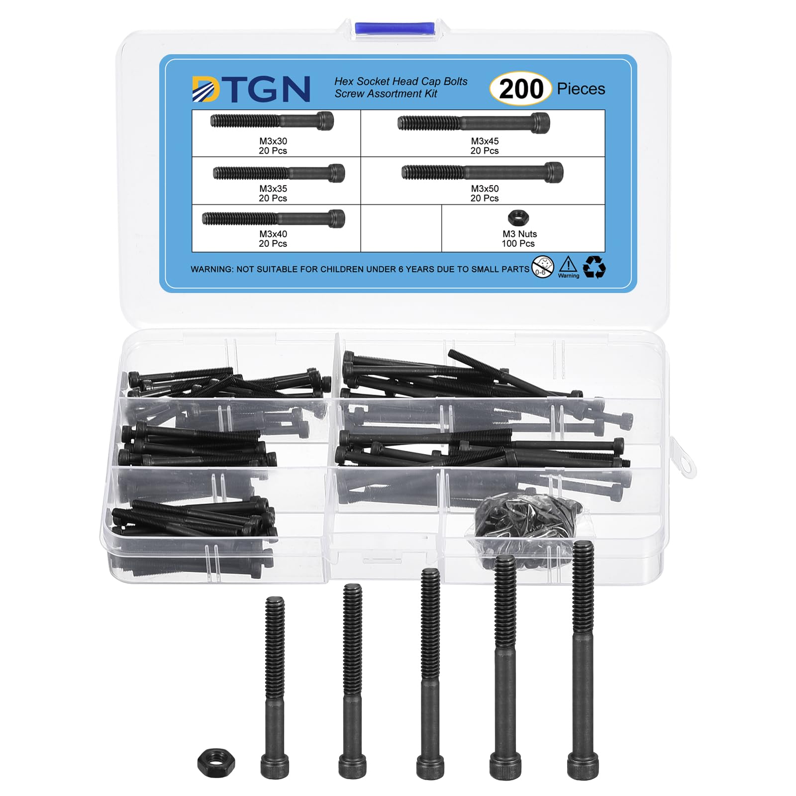 DTGN 200Pcs Metric Screw Assortment, M3 Bolts and Nuts Kit, 12.9 Grade Steel Steel M3x30/35/40/45/50mm Hex Socket Head Cap Screws Bolt Set