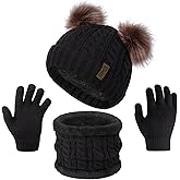 Senker Fashion Winter Beanie Kids Hat and Gloves Set for Girls Boys Toddler Pompom Knit Fleece Lined for Cold Weather