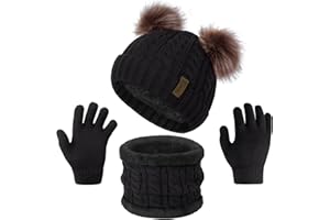 Senker Fashion Winter Beanie Kids Hat and Gloves Set for Girls Boys Toddler Pompom Knit Fleece Lined for Cold Weather