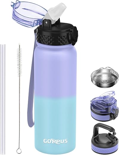 GOPPUS 600ml Stainless Steel Water Bottle with Straw, Double Wall Insulated,