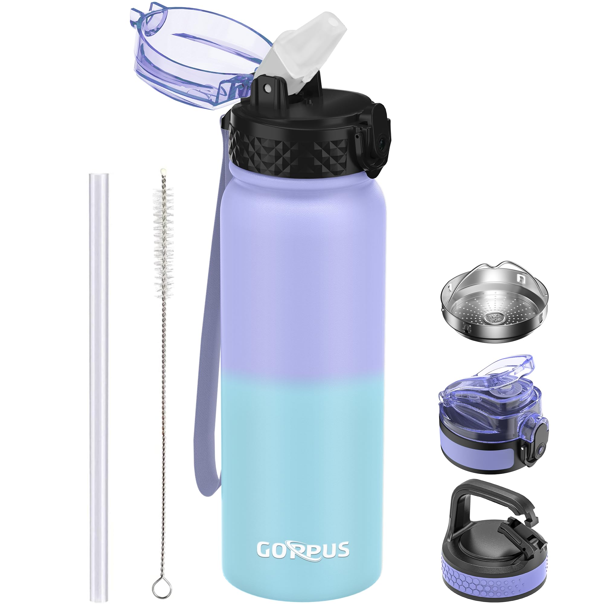 GOPPUS 600ml/20oz Stainless Water Bottle with Straw Double Wall Insulated Bottles with Strap One Hand Open Vacuum Thermal Flask Leakproof Keep Cold Bottles with Flip Top Lid BPA Free (Purple Blue) — image 1