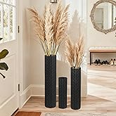 NOLIPED Black Tall Floor Vase - Set of 3 Extra Large Metal Decorative Vases for Living Room, 27.6" Long Modern Honeycomb Texture Big Cylinder Standing Corner Decor for Home Dining Bedroom Pampas Grass