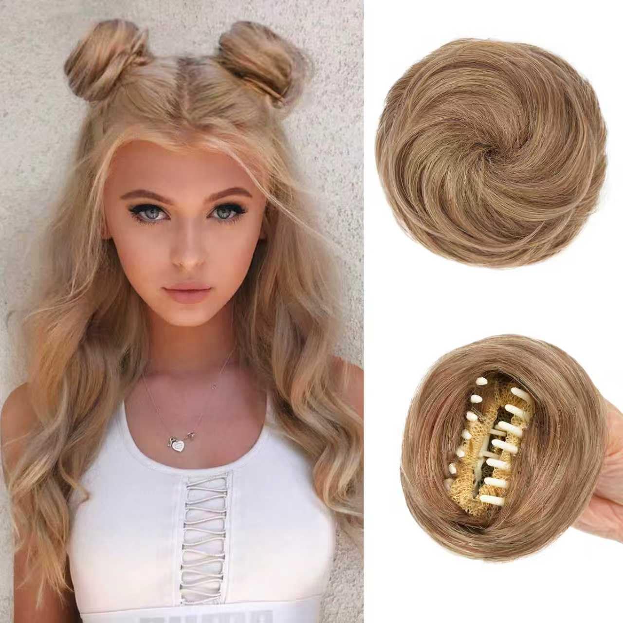 Photo 1 of Foaoit 2PC Small Space Buns Faux Hair Bun Extensions for Women Natural Mini Buns Hair Clip in Updo Hair Pieces for Women Messy Bun Hairpieces for Daily Brown mix Blonde