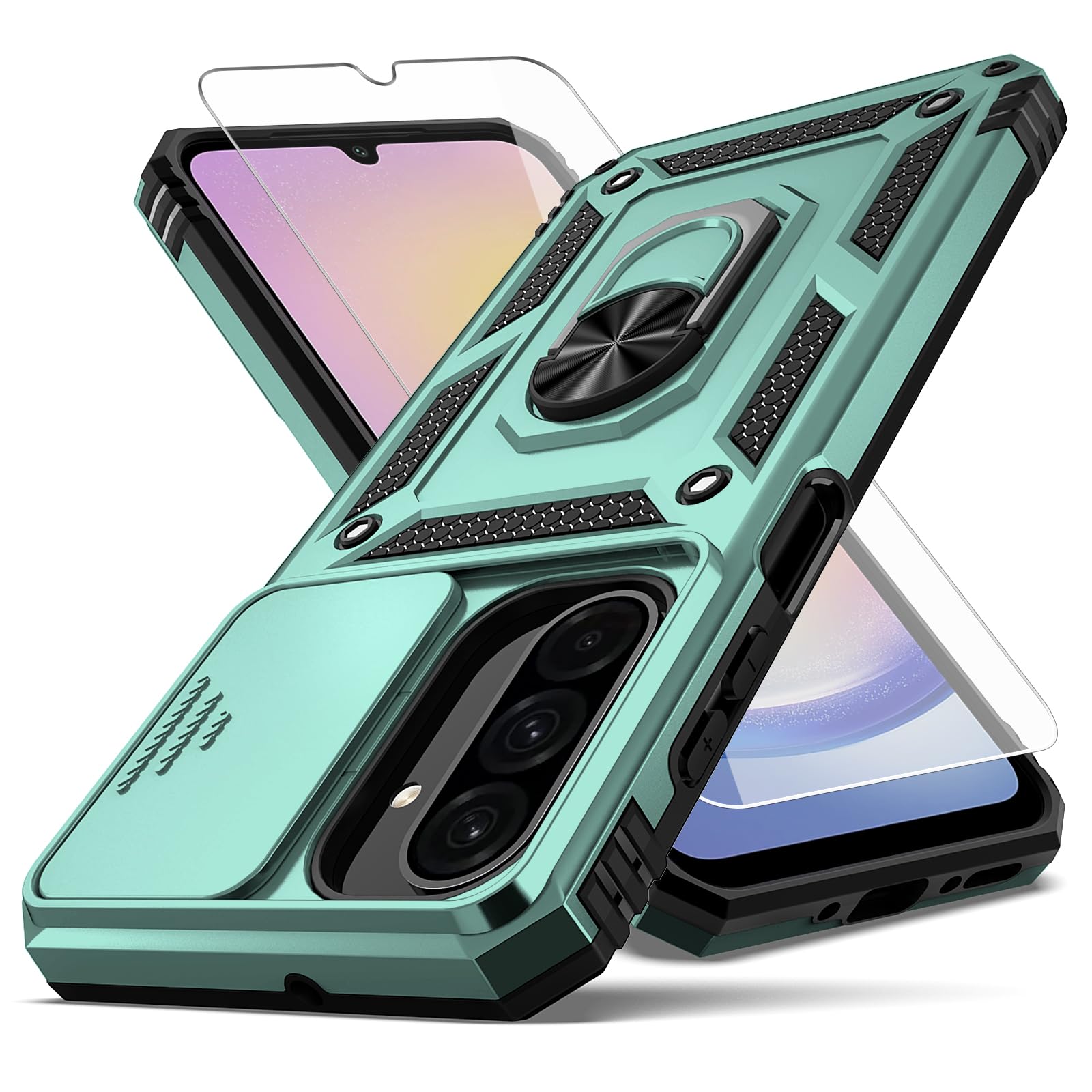 for Samsung Galaxy A17 5G Case,with Camera Lens Cover HD Screen Protector,[Military Grade] Ring Car Mount Kickstand Hybrid Hard PC Soft TPU Shockproof Protective Case for Galaxy A17 5G, Dark Green