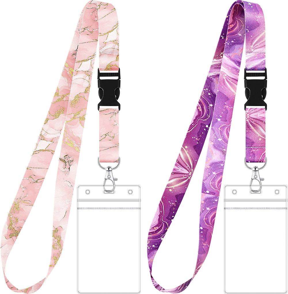 Zonon 2Set Lanyard with Card Holder Purple Marble Waterproof Badge Holder