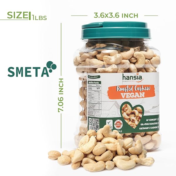 HANSIA ROASTED CASHEW VEGAN, DRY ROASTED UNSALTED SUPERFOOD, FRESH, HEALTHY, LOW SODIUM SNACKS, RICH OF PROTEIN & NATURAL FIBER, PROTEIN, VITAMIN AND IRON (ROASTED CASHEW , 1 POUND (PACK OF 1))