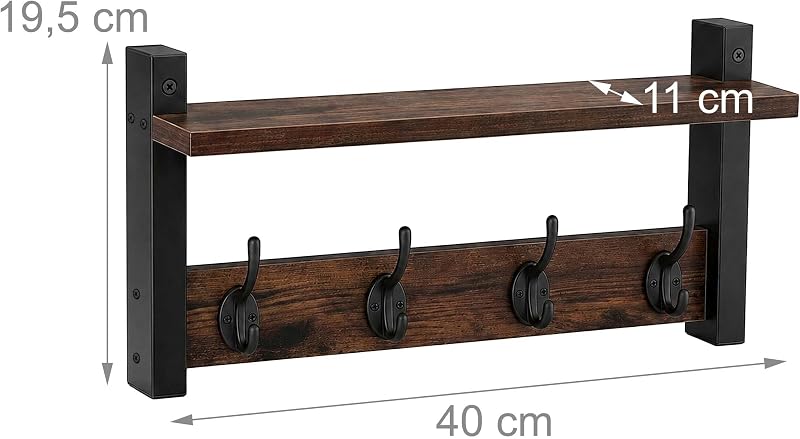 Porte-Manteaux Mural Lot de 2, 4 Crochets Doubles, Marron