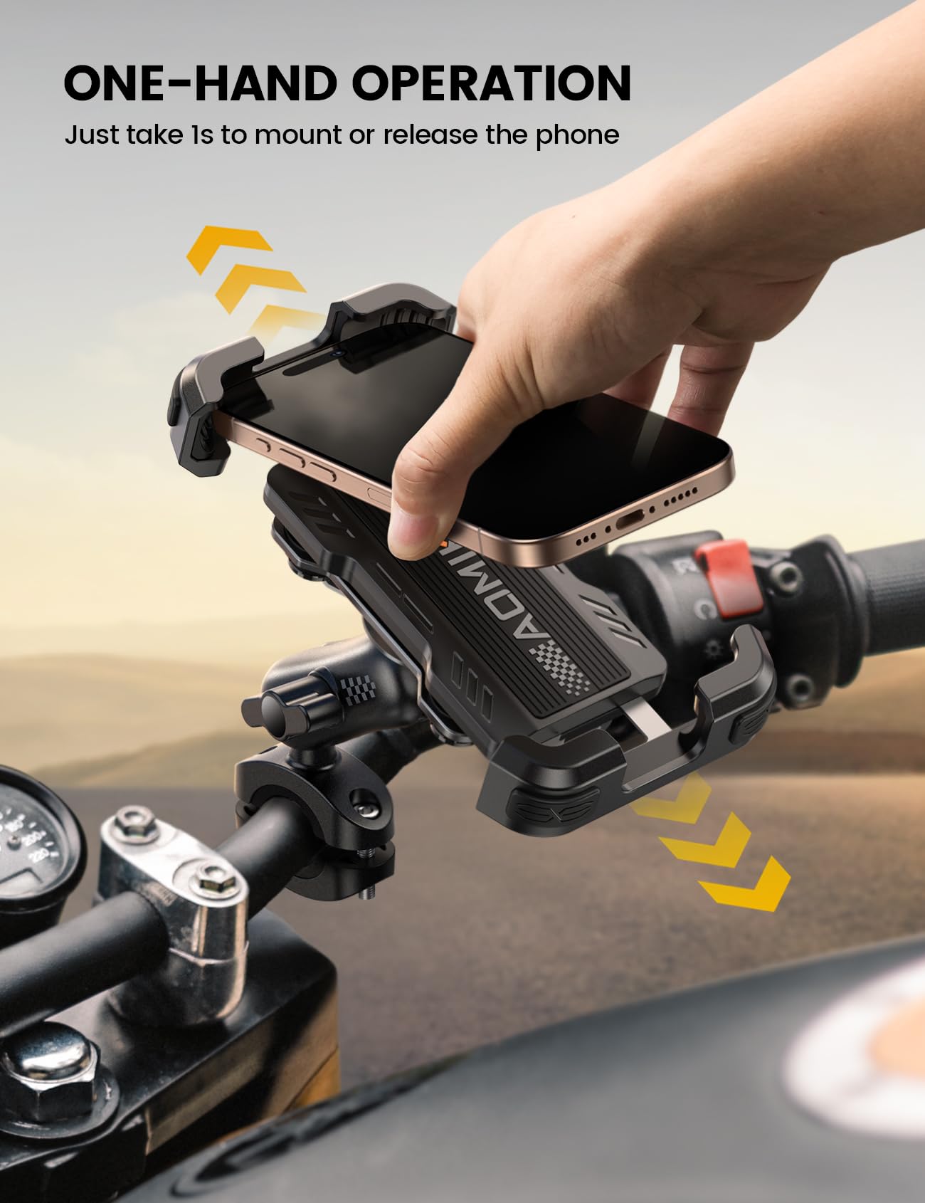 Motorcycle Phone Mount Holder - [Metal Extension Arm] [Dual Vibration Dampener] Motorcycle Cell Phone Mount, Bike Phone Handlebar Clamp for iPhone 16 15 14 13 Pro Max Plus, 4.7-6.7