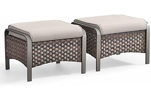 HUMMUH 2 Pieces Outdoor Wicker Ottomans-Outdoor Patio Ottoman with Removable Cushion Outdoor Footstool for Deck Lawn Porch Garden Backyard-Brown/Beige