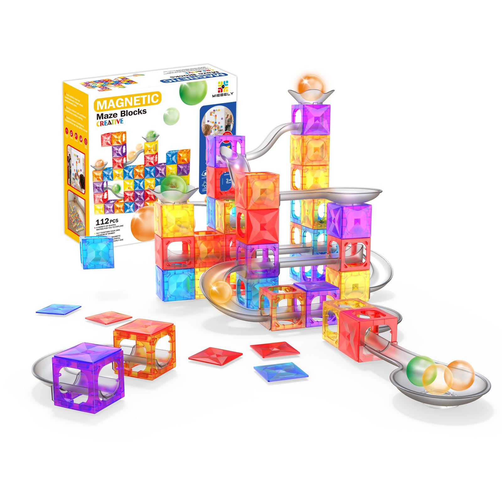 Photo 1 of MIEBELY Magnetic Tiles, 112 PCS Magnetic Maze Building Blocks Toy for Kids with Glowing Ball, Magnet Marble Run Set, STEM Education Toddler Toy Building Block Gifts for Boys and Girls 3 4 5 6 7 8 9