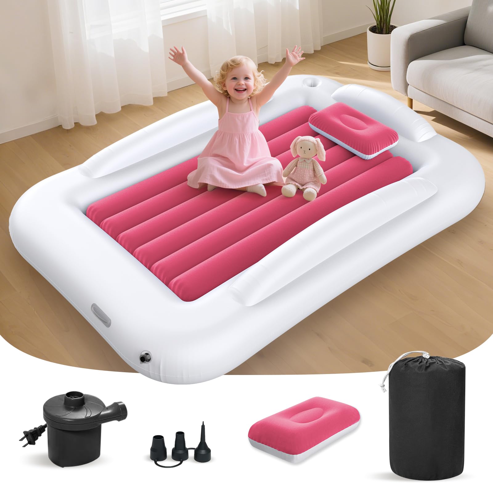 Photo 1 of Deeteck Inflatable Toddler Travel Bed - 53 Inches Portable Toddler Bed for Travel with Safety Sides - Cozy Kids Air Mattress Set with High-Speed Pump & Carry Case - Easy to Inflate(Light Pink)