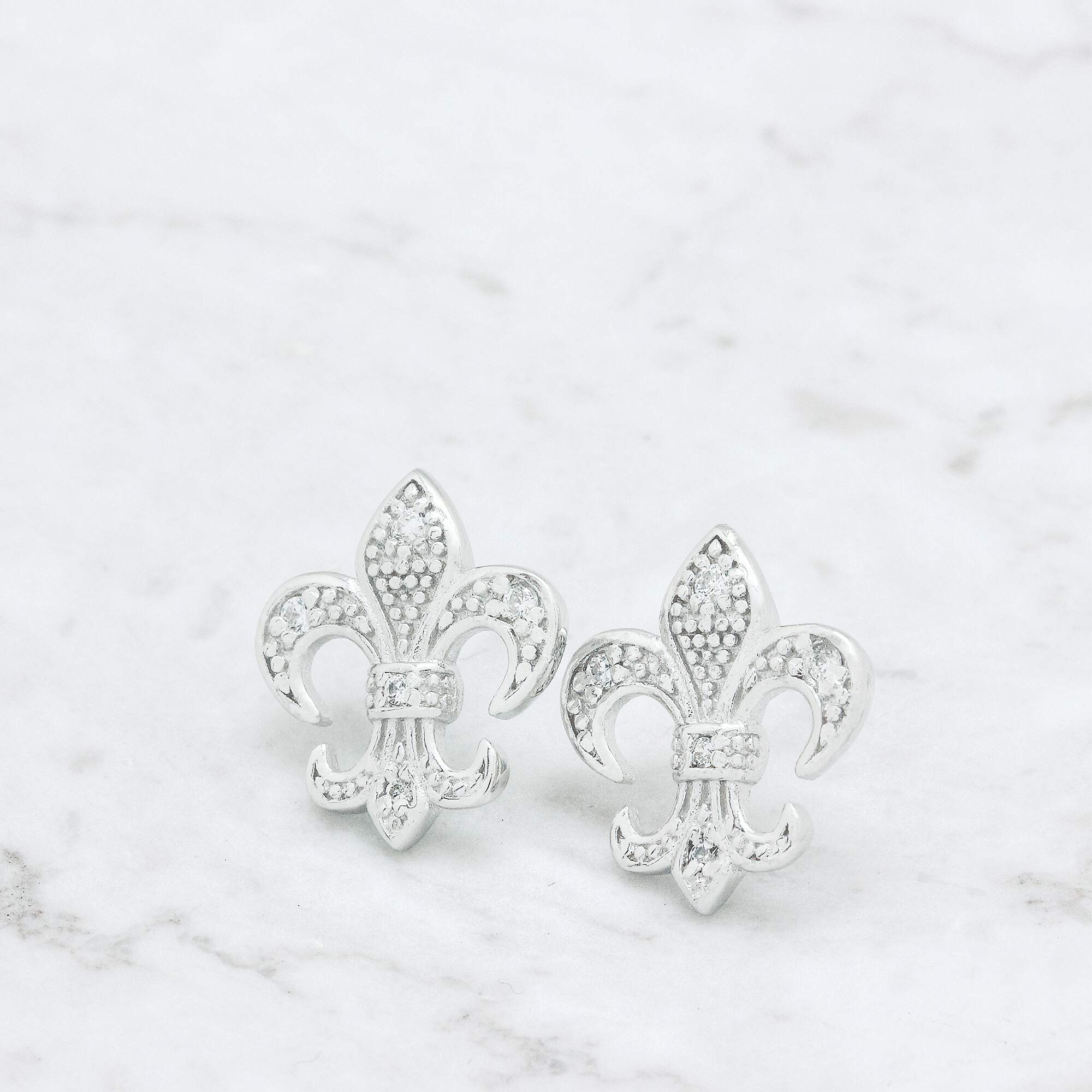 Spoil Cupid Rhodium Plated Sterling Silver Cubic Zirconia the Fleur De Lis Lily Flower Stud Earrings