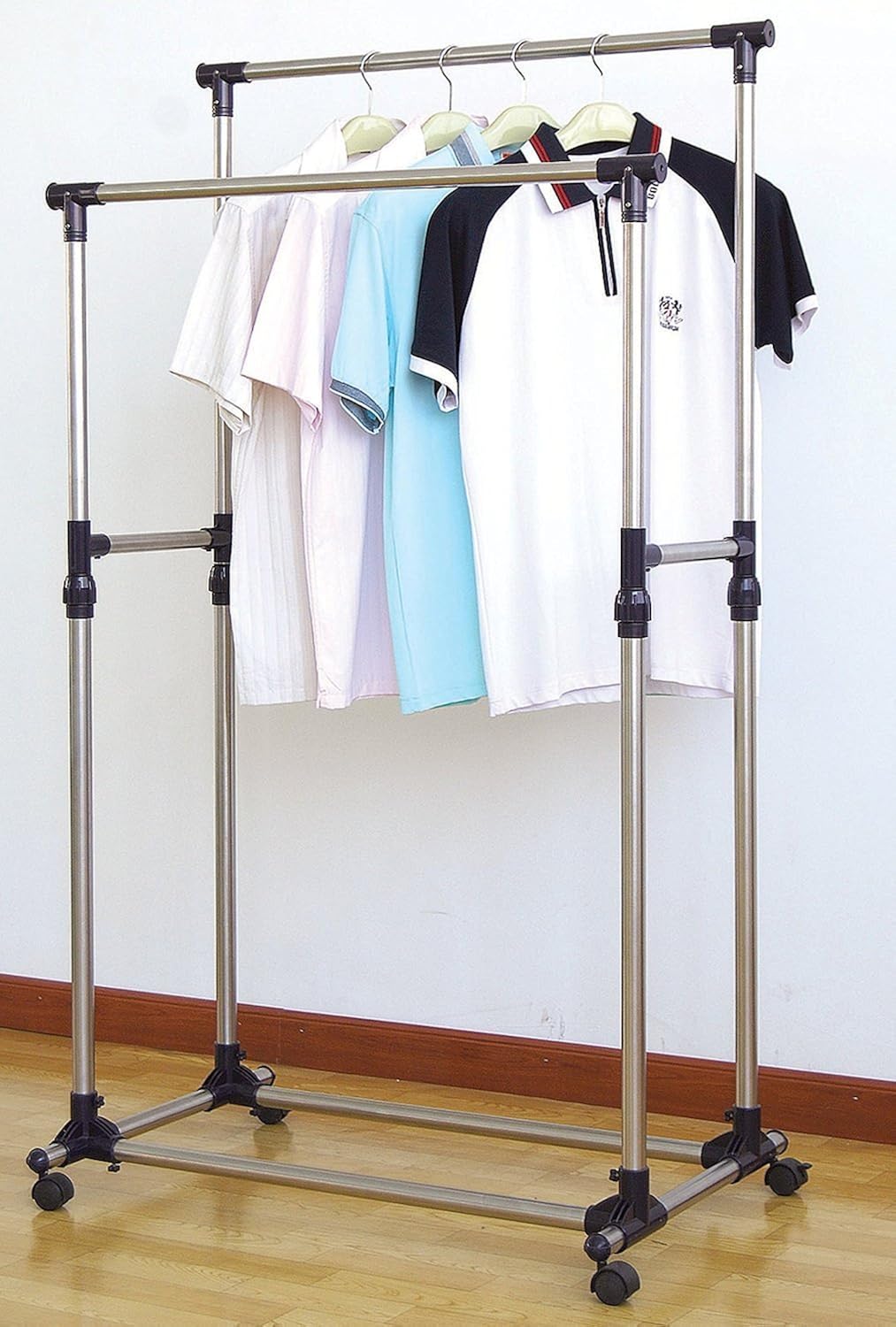 ProSource Premium Heavy Duty Double Rail Adjustable Telescopic Rolling Clothing and Garment Rack