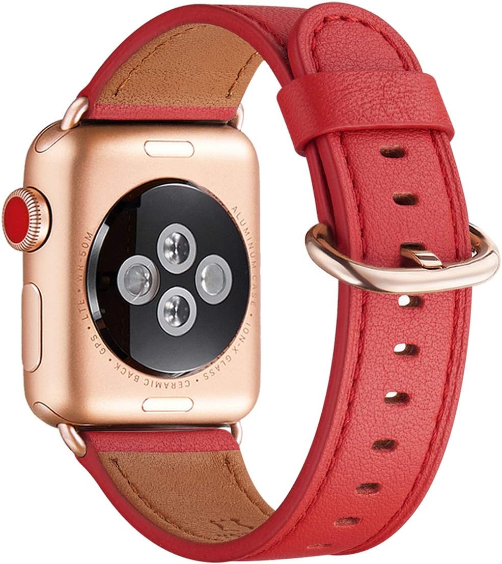 WFEAGL Compatible iWatch Band 42mm 44mm, Top Grain Leather Band with RoseGold Adapter(The Same as Series 5/4/3 with Gold Aluminum Case in Color)for iWatch Series 5 /4/3/2/1(Red Band+Rose Gold Adapter)