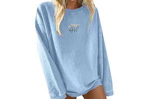 PGOJUNI Crewneck Sweatshirts for Teen Girls, Womens Sweatshirt Loose Waffle Daisy Graphic Casual Long Sleeve Basic Blouse