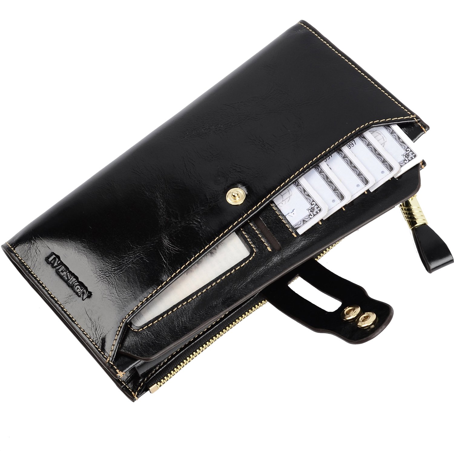 IVESIGN Womens Genuine Leather Wristlet Zipper Clutch Wallet RFID Blocking Credit Card Phone Holder Hand Purse Large Capacity (C-Black)